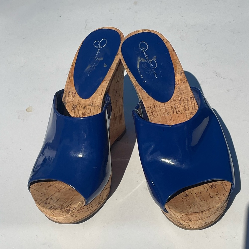 Jessica Simpson Royal Blue Gatty Cork Heel Wedge Slide In Mules Women Size 6.5 B